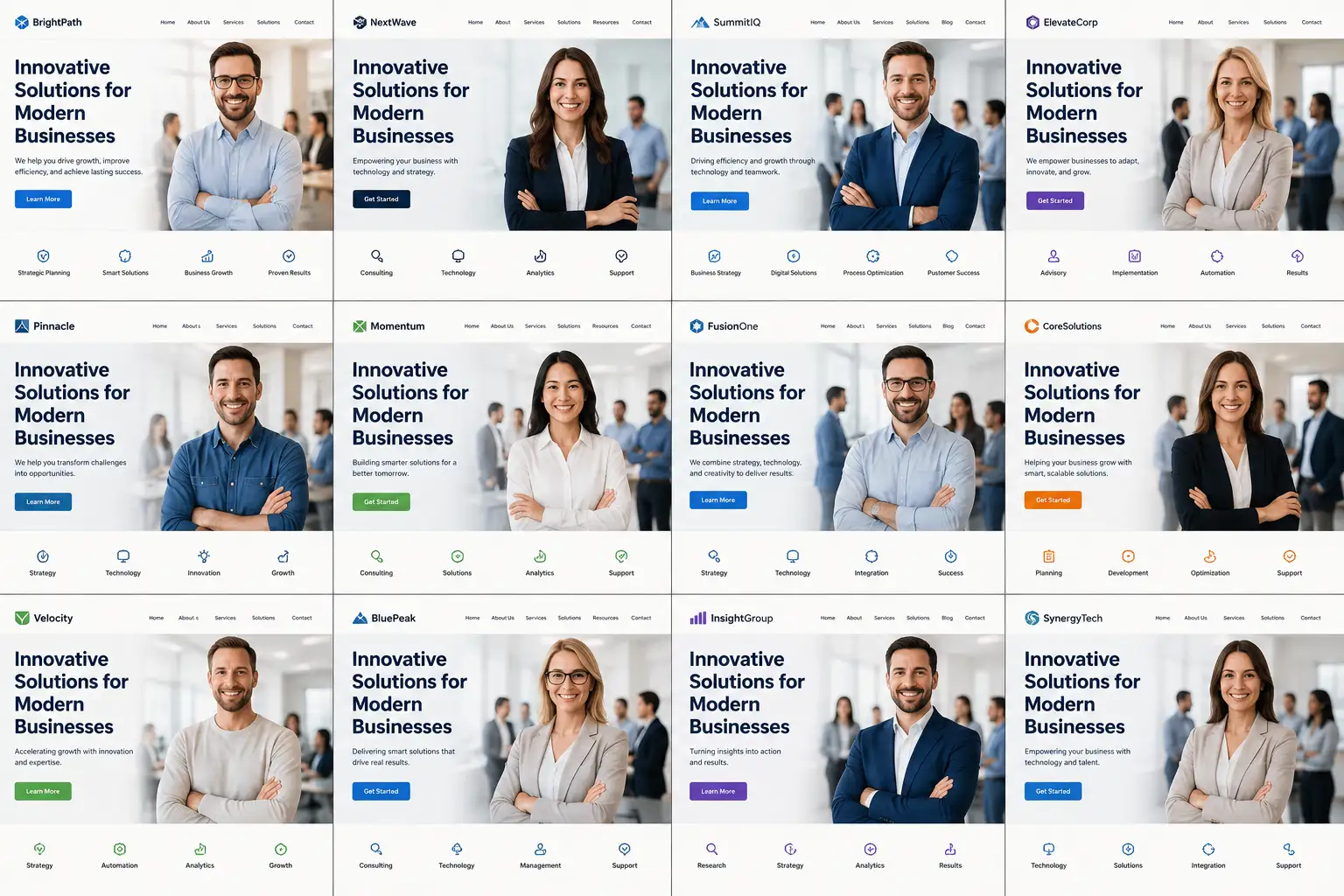 Grid of nearly identical AI-generated business websites featuring smiling stock-photo professionals and generic marketing headlines.