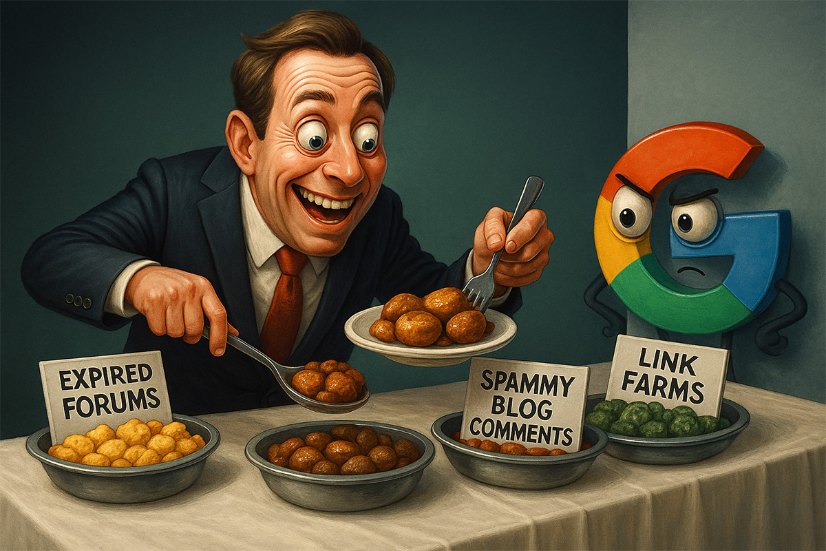 A buffet of shady backlink sources being served to an unsuspecting business owner