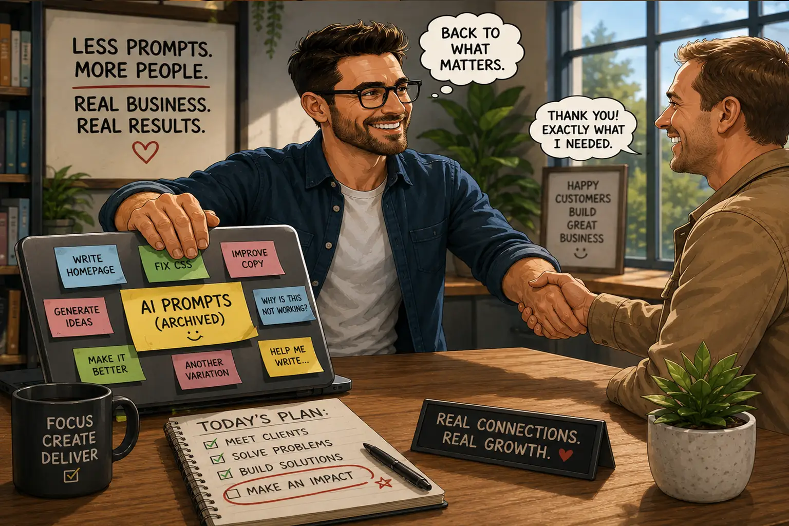 Business owner closing a laptop covered in AI prompts while shaking hands with a happy customer in a professional office setting.