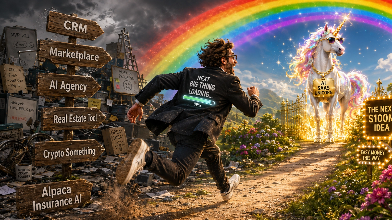 An entrepreneur runs toward a glittering AI SaaS unicorn at the end of a rainbow while leaving a trail of half-built projects behind, with wooden signs pointing to CRM, Marketplace, AI Agency, Real Estate Tool, Crypto Something, and Alpaca Insurance AI.