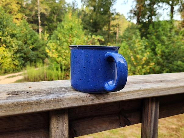 blue ceramic style camping mug