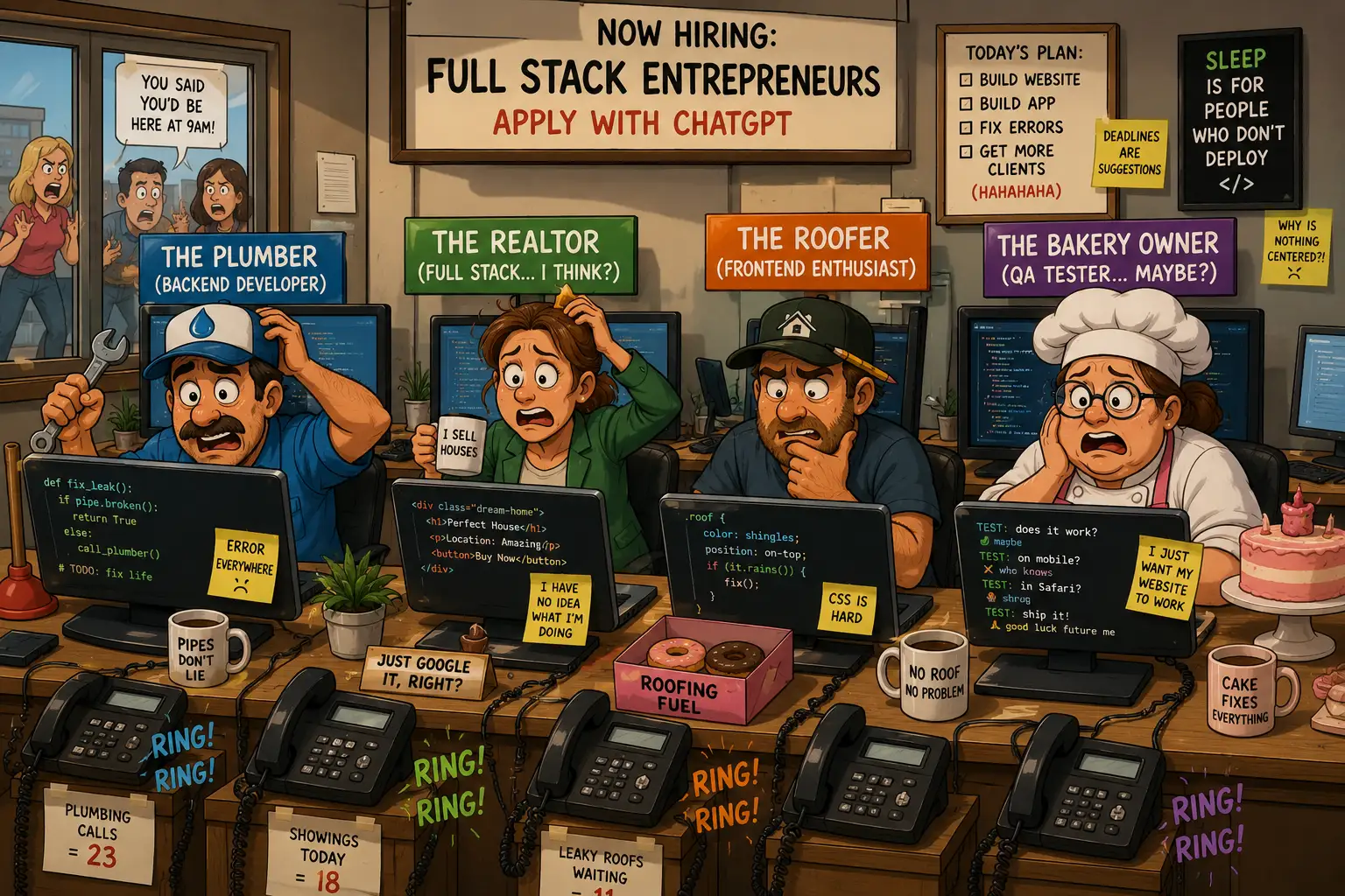 Funny cartoon-style image of a plumber, realtor, roofer, and bakery owner all sitting at computers
