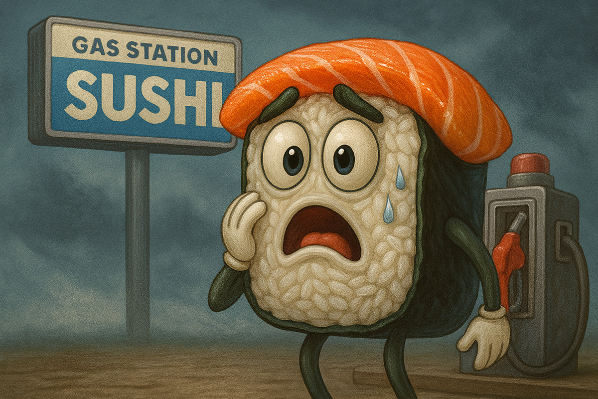 A funny image of gas station sushi sweating in the heat