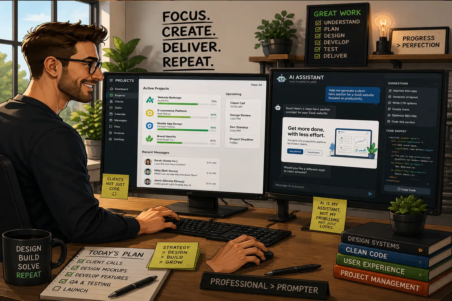 Professional web designer using AI as a productivity assistant on a second monitor while confidently managing client projects and development tasks.