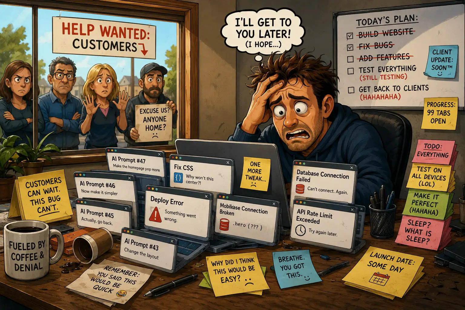 Cartoon-style business owner overwhelmed by AI prompts, CSS errors, deployment issues, and endless browser tabs while frustrated customers wait outside the office window.