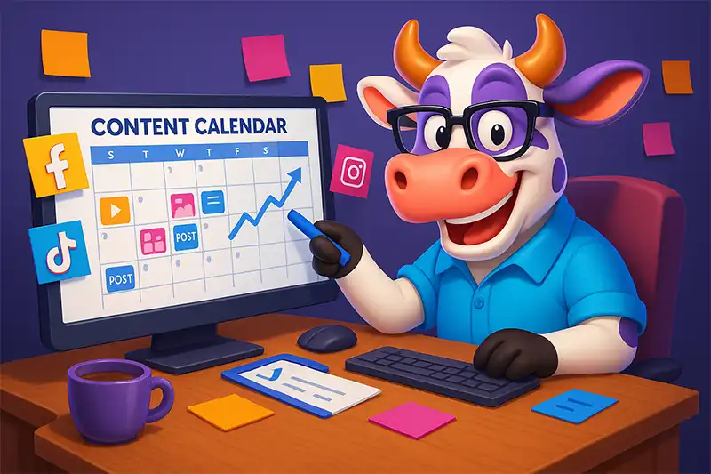 blue at desk with smm calendar