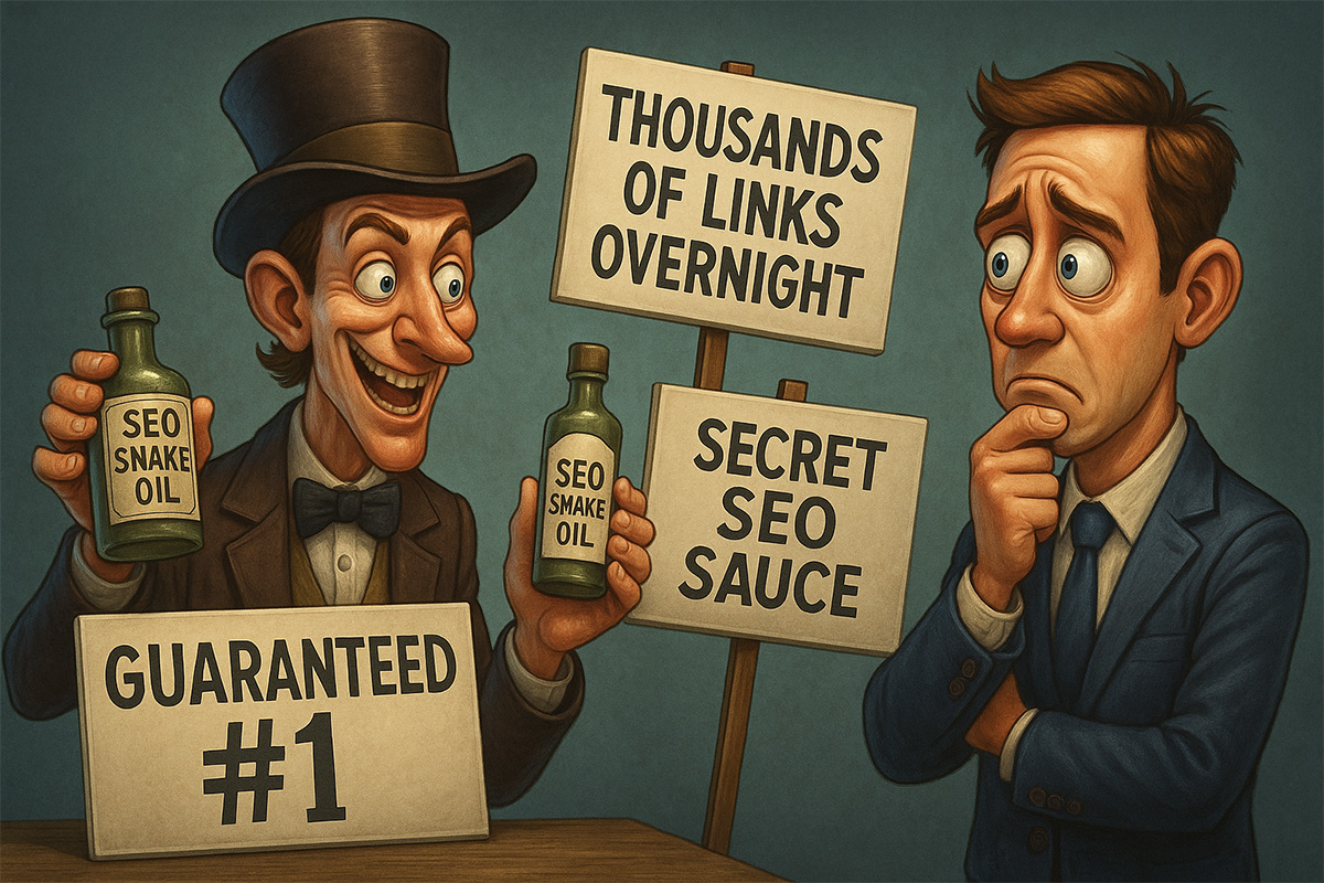 A snake oil salesman pitching bogus SEO promises