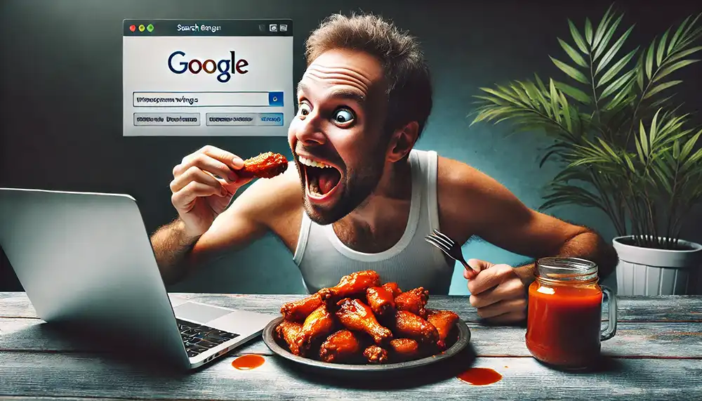 What do chicken wings and SEO have in common? guy eating chicken wings in front of laptop