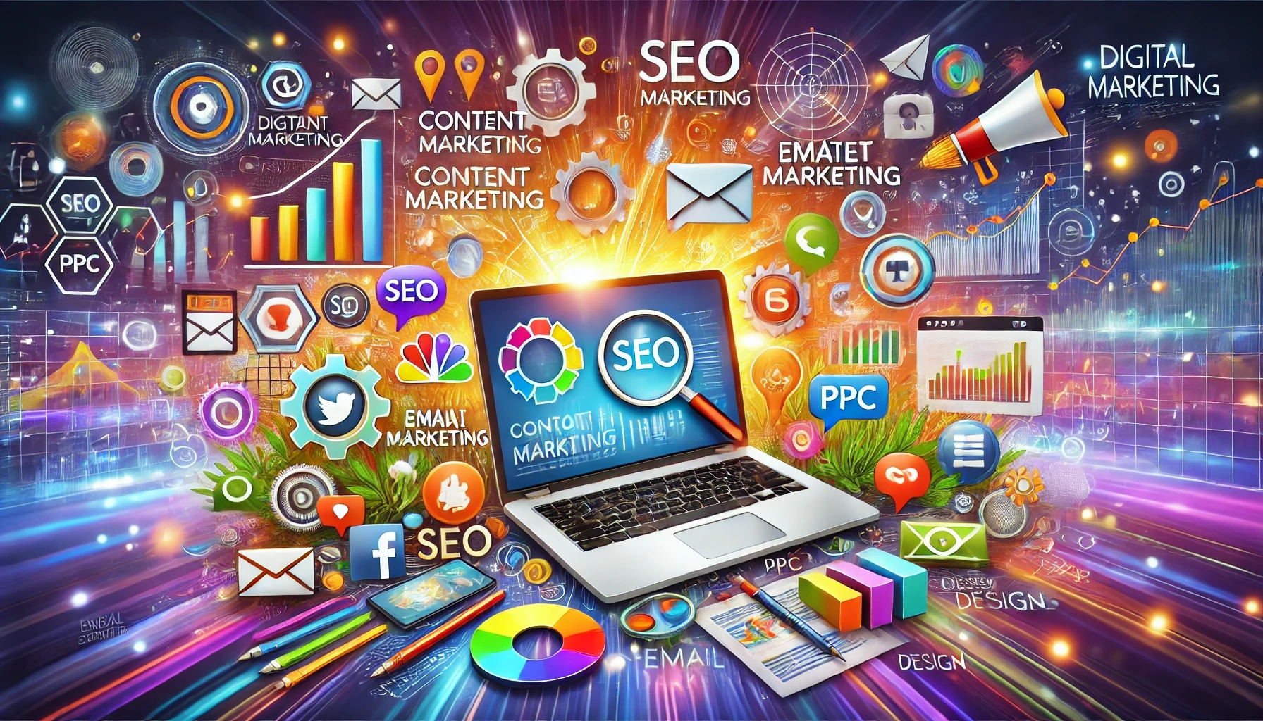 social media symbols gathered around laptop computer